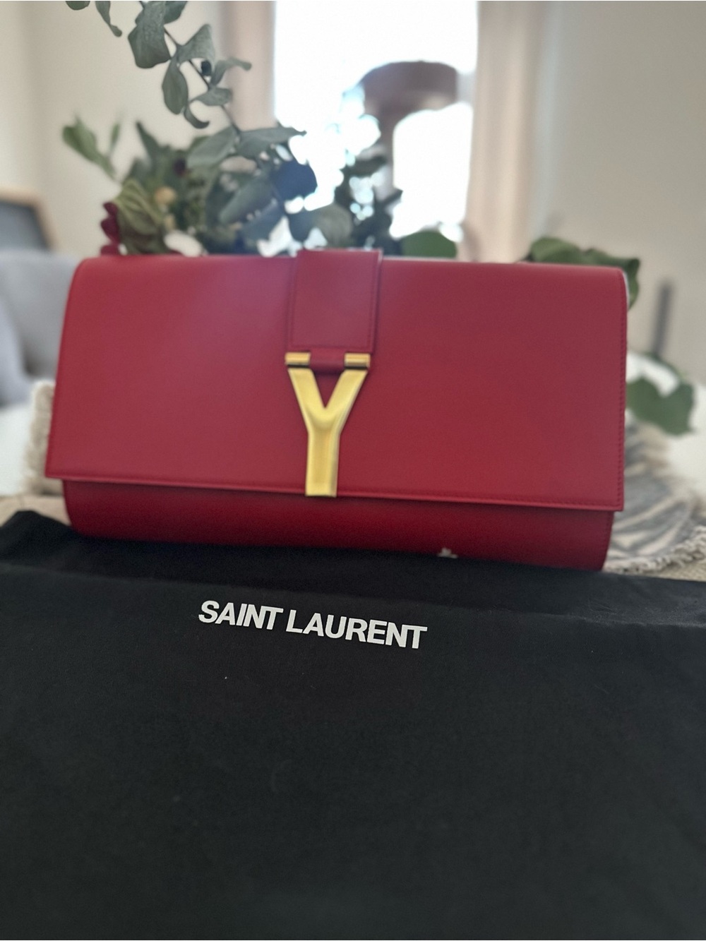 AUTHENTIC Saint Laurent Calfskin Red Leather Y-Closure Clutch with Gold Hardware